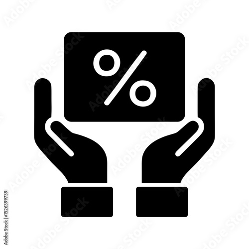 Two hands holding percentage card representing discount – solid black icon