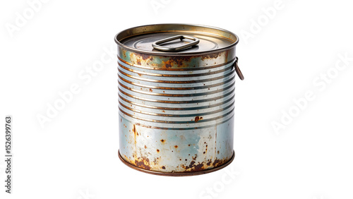 Old metal can food storage container, vintage tin with rustic patina, antique kitchenware isolated on white background