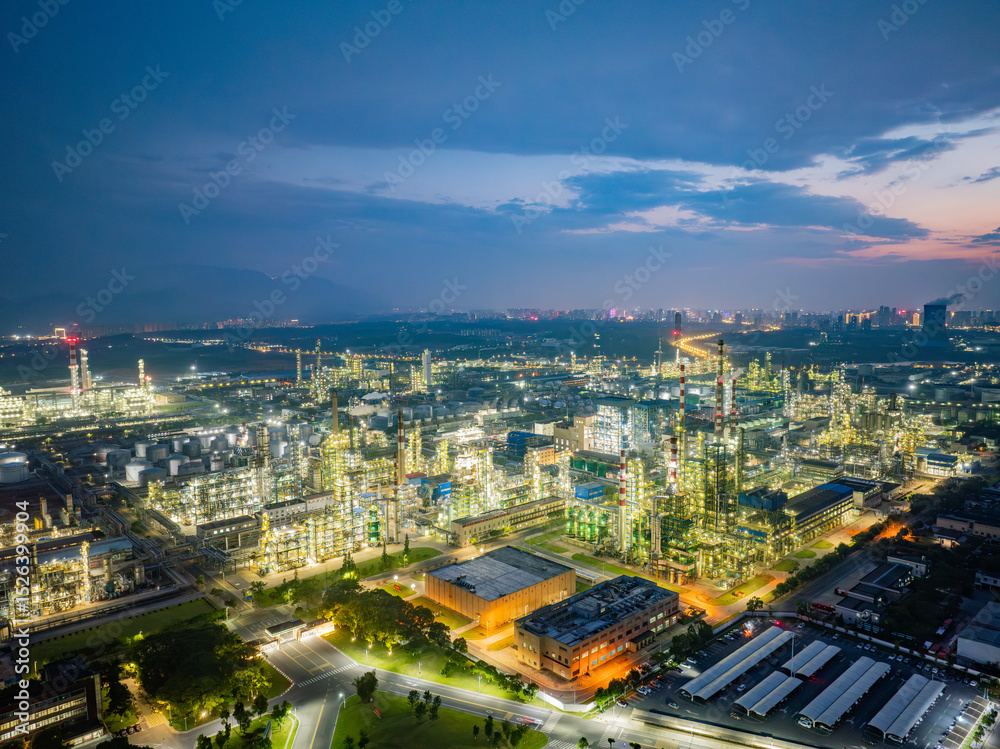Obraz premium Aerial photography of a large petrochemical refinery at night
