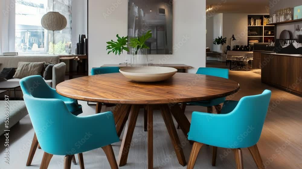 Modern dining space featuring wooden round table and vibrant turquoise chairs in Scandinavian style Modern dining space featuring wooden round table and vibrant turquoise chairs in Scandinavian style