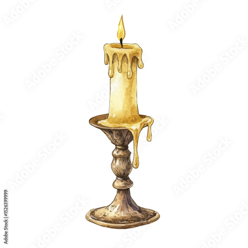 Brass Vintage Candlestick With Melted Wax, watercolor illustration vector, high quality, isolated on a white background.