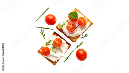 Delicious cream cheese toasts topped with cherry tomatoes and fresh herbs, healthy breakfast or snack, gourmet open-faced sandwiches isolated on white background
