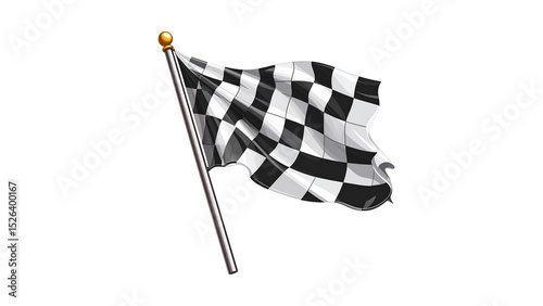 Checkered flag waving at race finish line, symbol of victory in motorsport competition, fast-paced racing event celebration isolated on white background