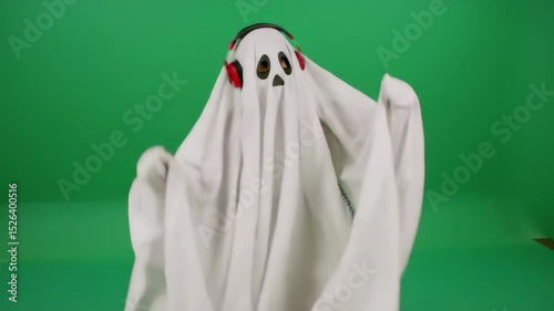 Person in ghost costume with headphones dances playfully against green screen, expressing humor and fun – halloween, creativity and entertainment concepts