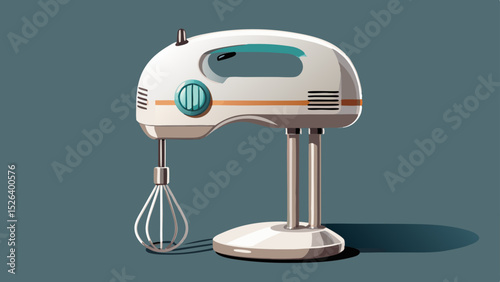 Modern white electric hand mixer with chrome beaters resting nearby. Presented in close-up with subtle shadows, ideal for home baking and appliance-focused vector designs.

