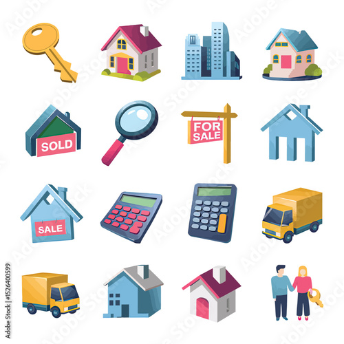 vector icons real estate business house key, symbolizing ownership new home House Sold Sign icon "Sold" sign in front, representing successful real estate 

