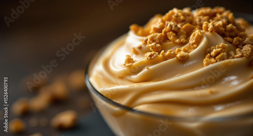 A close-up of a dessert topped with whipped cream and crushed nuts in a glass bowl.