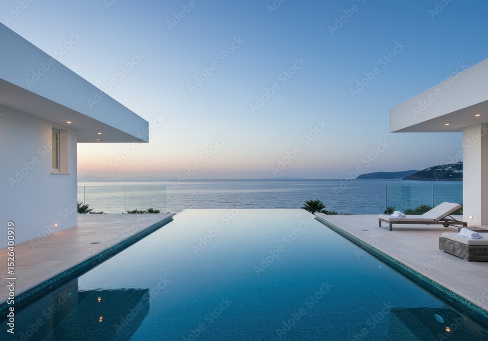 Fototapeta premium Infinity pool at a modern villa overlooking the ocean at dusk