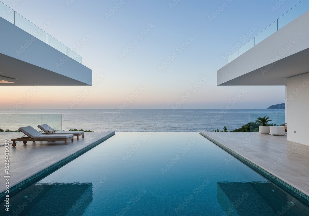 Fototapeta premium Infinity pool overlooking the ocean at sunset with lounge chairs