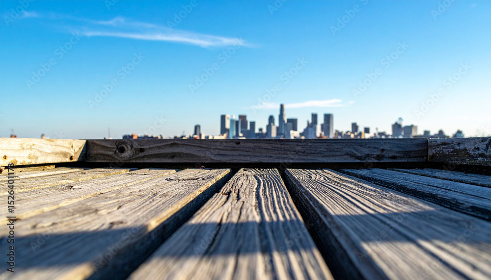 Naklejka premium City Skyline View from Wooden Pier with Clear Blue Sky Background