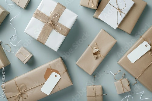 Vibrant Color Picture of Top View Wrapping Paper and Empty White Labels