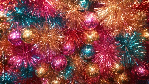 Festive colorful ornaments & tinsel close-up