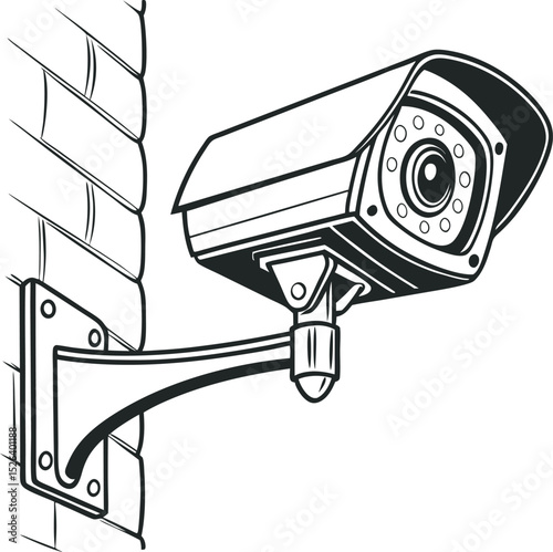 Illustration of a Modern Security Camera Mounted on a Brick Wall – Sleek Surveillance Device Featuring Protective Cover, Infrared Lights, Sturdy Arm Mount, and Downward Angle for Enhanced Monitoring