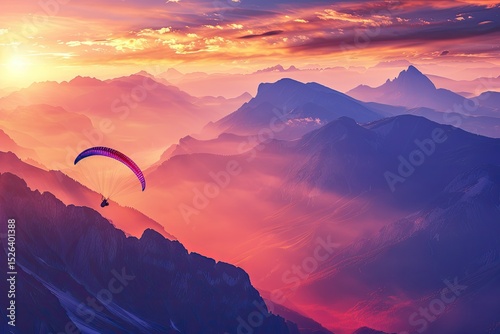 High Quality Visual of Paraglider Soaring Over Majestic Mountain Range at Sunrise