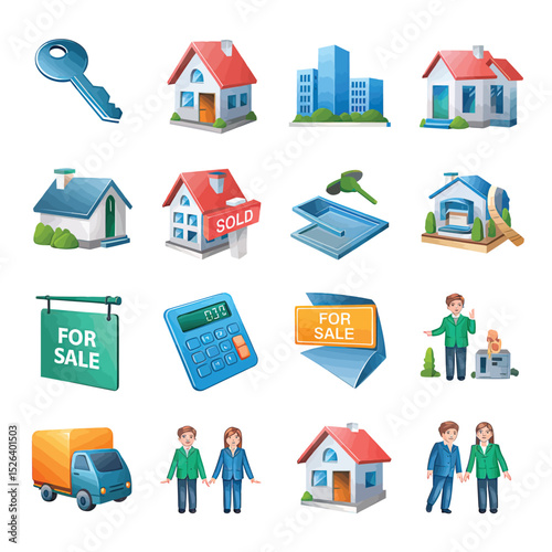 vector icons real estate business house key, symbolizing ownership new home House Sold Sign icon "Sold" sign in front, representing successful real estate 
