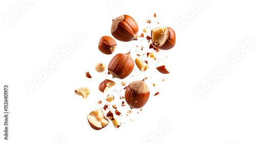 Crushed hazelnuts captured in mid-air explosion, dynamic motion of nut pieces and dust particles, healthy snack ingredient with natural texture isolated on transparent background