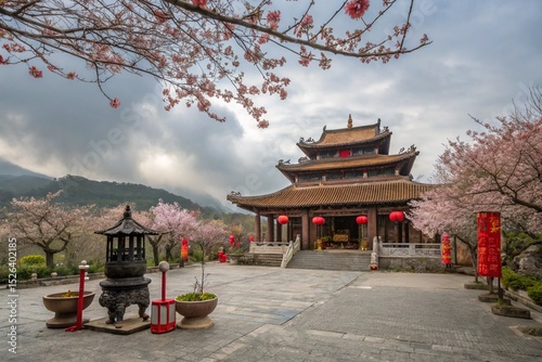 Traditional Chinese mountain temple in spring, surrounded by blooming cherry trees and red decorations for Qingming Festival, incense bowls and offerings at the altar, cloudy serene sky, no people.

 photo