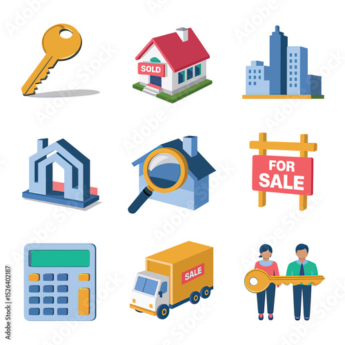vector icons real estate business house key, symbolizing ownership new home House Sold Sign icon "Sold" sign in front, representing successful real estate 

