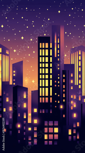 City skyline glows with warm lights under a starry night sky. Urban buildings stand tall, illuminated against the twilight horizon.