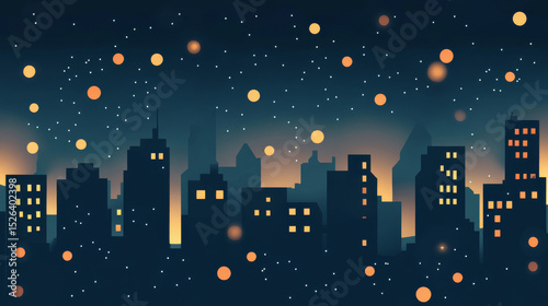 City skyline at night with luminous bokeh lights. Elegant urban backdrop for digital projects.