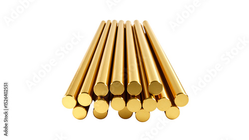 Golden brass rods stacked in close-up view, shiny cylindrical metal bars for industrial manufacturing and construction, metallic texture with warm reflective surface isolated on white background