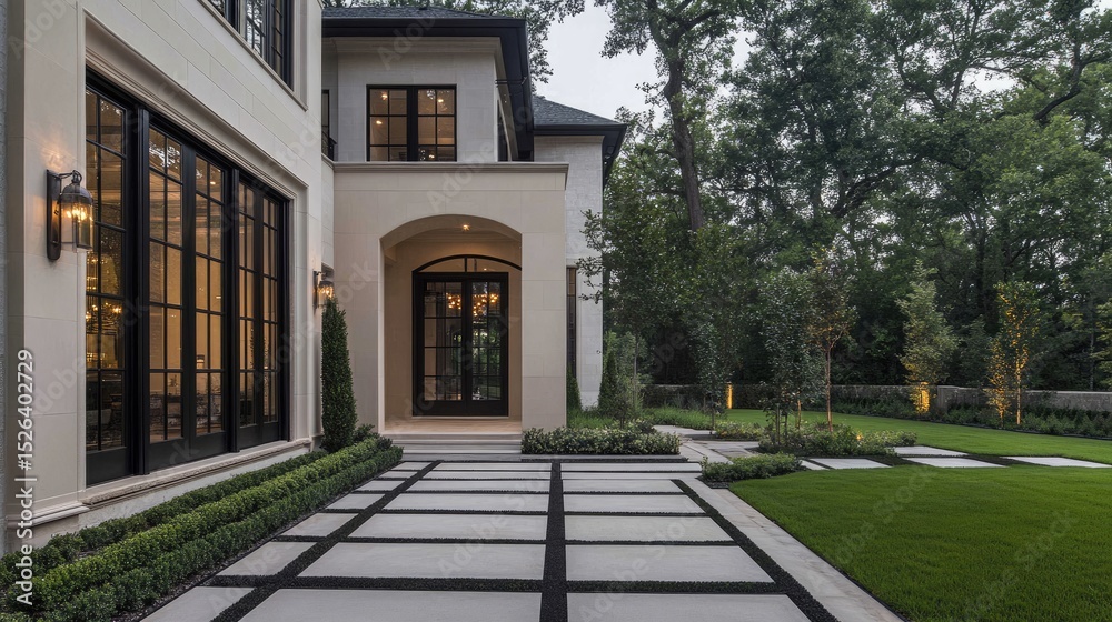 Fototapeta premium House entrance with geometrically patterned tile pavers and low-profile edging stones