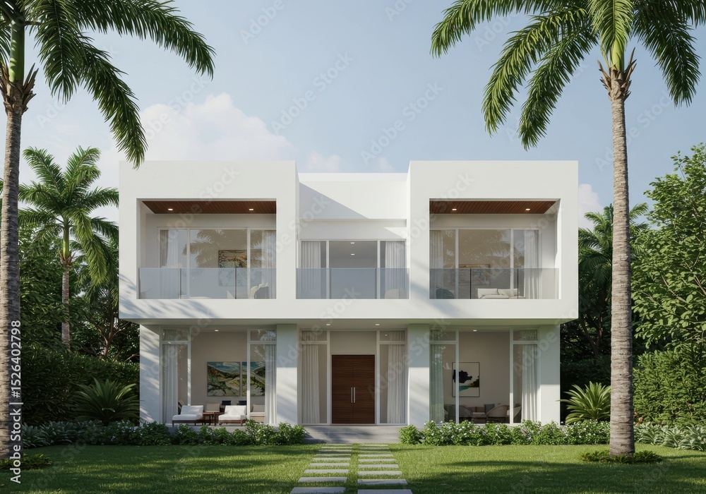 Fototapeta premium Modern white home exterior with palms, lawn, and stone walkway on a sunny day