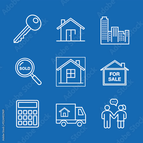 vector icons real estate business house key, symbolizing ownership new home House Sold Sign icon "Sold" sign in front, representing successful real estate 
