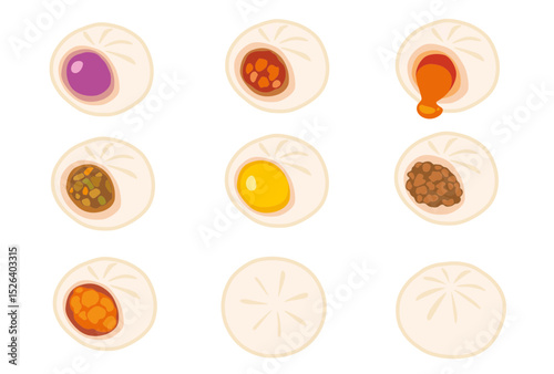 Salapao in various flavors on a white background	
