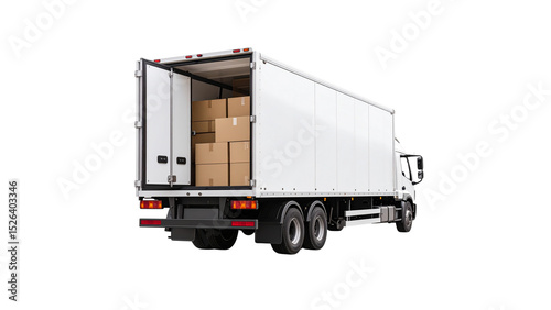 White delivery truck loaded with cardboard boxes, rear view of logistics vehicle for shipping, courier transport and freight distribution, commercial cargo truck isolated on white background