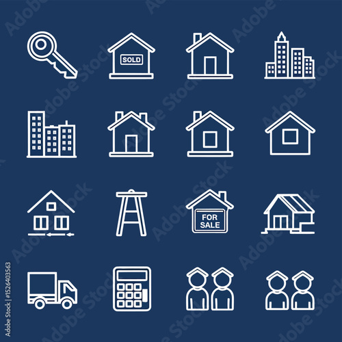 vector icons real estate business house key, symbolizing ownership new home House Sold Sign icon "Sold" sign in front, representing successful real estate 
