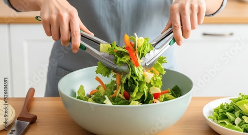 Making fresh vegetable salad at home healthy eating concept