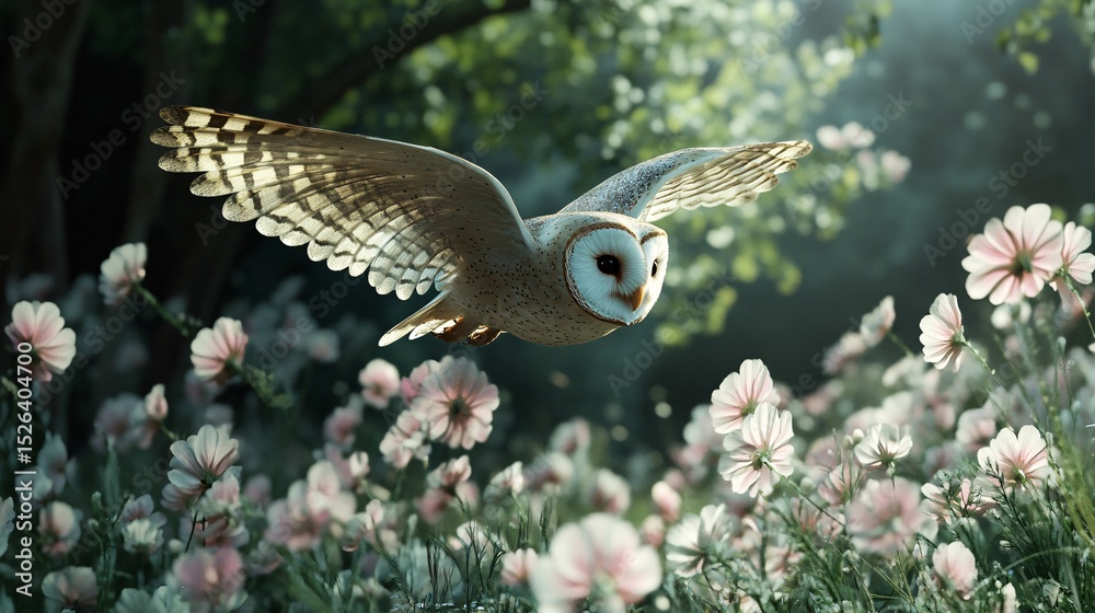 Fototapeta premium Tranquil Scene of Small Owl Landing Softly in Flower-Covered Glade