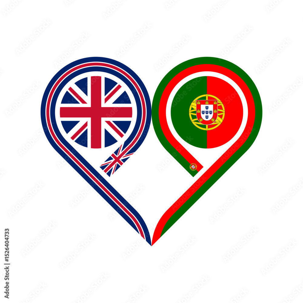 Fototapeta premium friendship concept. heart symbol icon of united kingdom and portugal flags. vector illustration isolated on white background