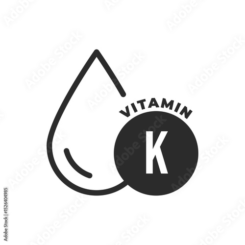 Vitamin K icon inside a black circular label with droplet outline, isolated on white background, symbolizing blood clotting, bone support, nutrition, dietary supplements, and wellness care.