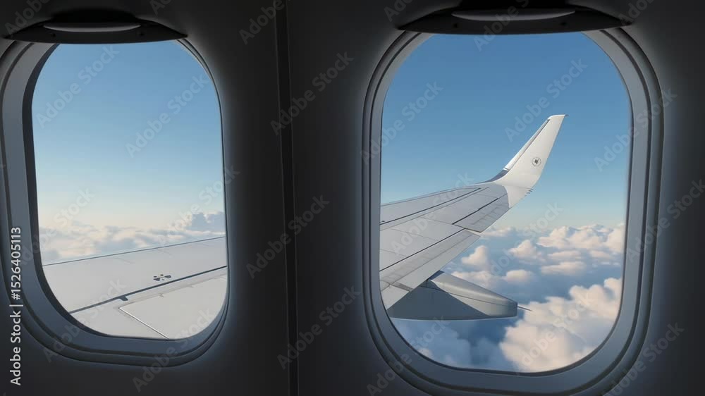 Sunlight filtering through airplane porthole, revealing aircraft wing gliding above expansive cloud layer with azure sky stretching across horizon