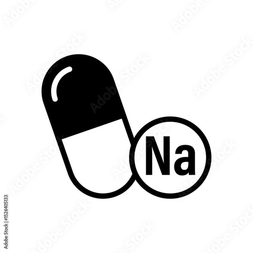 Sodium (Na) supplement icon in capsule form, isolated on white background, symbolizing electrolyte balance, hydration, nerve function, and nutritional or medical dietary support.