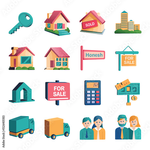 vector icons real estate business house key, symbolizing ownership new home House Sold Sign icon "Sold" sign in front, representing successful real estate 
