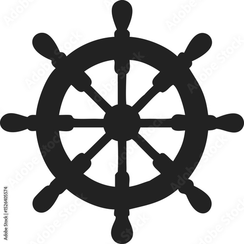 Simple Black Silhouette of a Ship's Steering Wheel with Central Hub and Eight Evenly Spaced Rounded Spokes – Nautical Maritime Icon Representing Navigation, Sailing, and Sea Voyage Themes