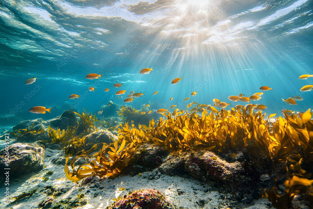 Fototapeta premium Underwater view of clean ocean floor with fish and seaweed