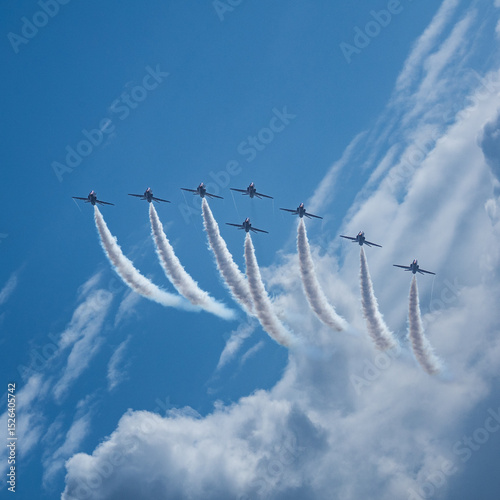 Red arrows fighter jet in formation 