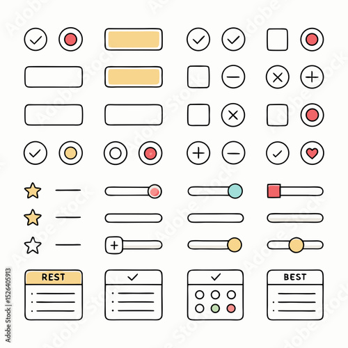 UI Design Elements: Buttons, Checkboxes, Sliders, Rating Stars - Web Interface Icons