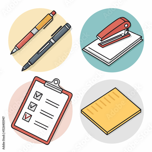 Essential Office Supplies: Pens, Stapler, Checklist, Notepad