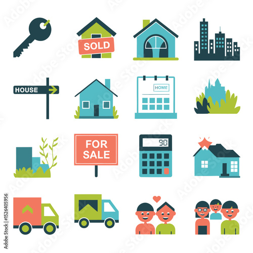 vector icons real estate business house key, symbolizing ownership new home House Sold Sign icon "Sold" sign in front, representing successful real estate 
