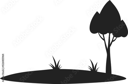 Silhouette of a Tree with Rounded Canopy, Grass Patch, and Low Shrubs on Plain White Background – Minimal Nature Illustration Symbolizing Growth, Environment, and Simplicity in Landscape Design