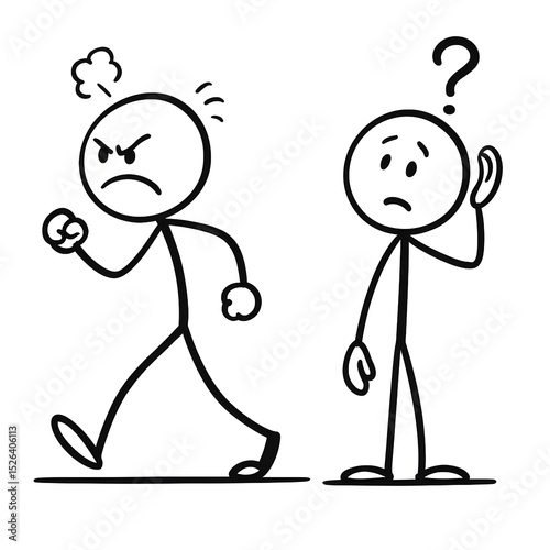 Angry stick figure walking away from a confused stick figure depicting conflict resolution or emotional intelligence.
