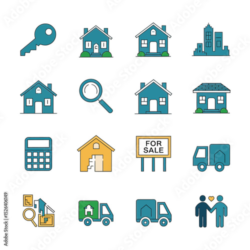 vector icons real estate business house key, symbolizing ownership new home House Sold Sign icon "Sold" sign in front, representing successful real estate 
