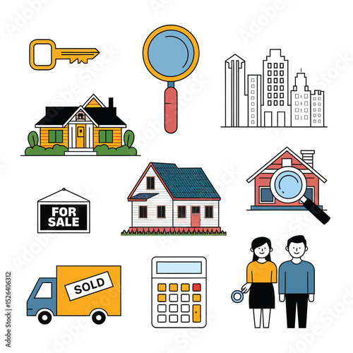 vector icons real estate business house key, symbolizing ownership new home House Sold Sign icon "Sold" sign in front, representing successful real estate 
