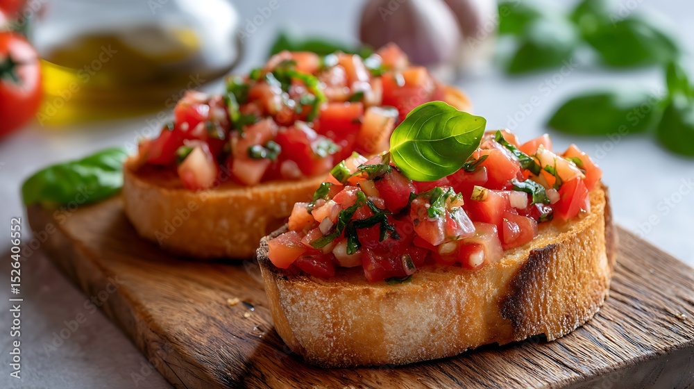 Fresh Bruschetta with Tomato, Basil, and Garlic on Toasted Bread Fresh Bruschetta with Tomato, Basil, and Garlic on Toasted Bread