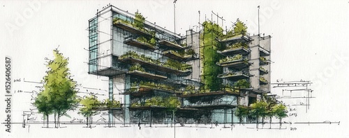 Modern Architectural Design Sketch Featuring Green Landscaping and Contemporary Aesthetic Elements in Urban Setting
